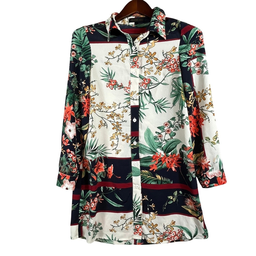 Love & Other Things Womens XS Tropical Floral Tunic Blouse Button Front